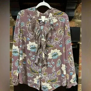 Chico’s Women’s Ruffle Long Sleeve Purple Floral Sz L/12 casual office feminine